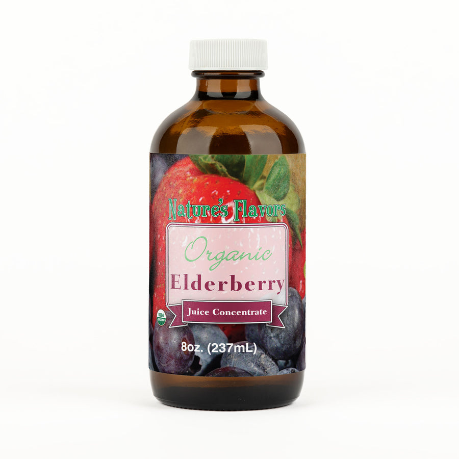 Brown bottle labeled “Organic Elderberry Juice Concentrate 8oz"”
