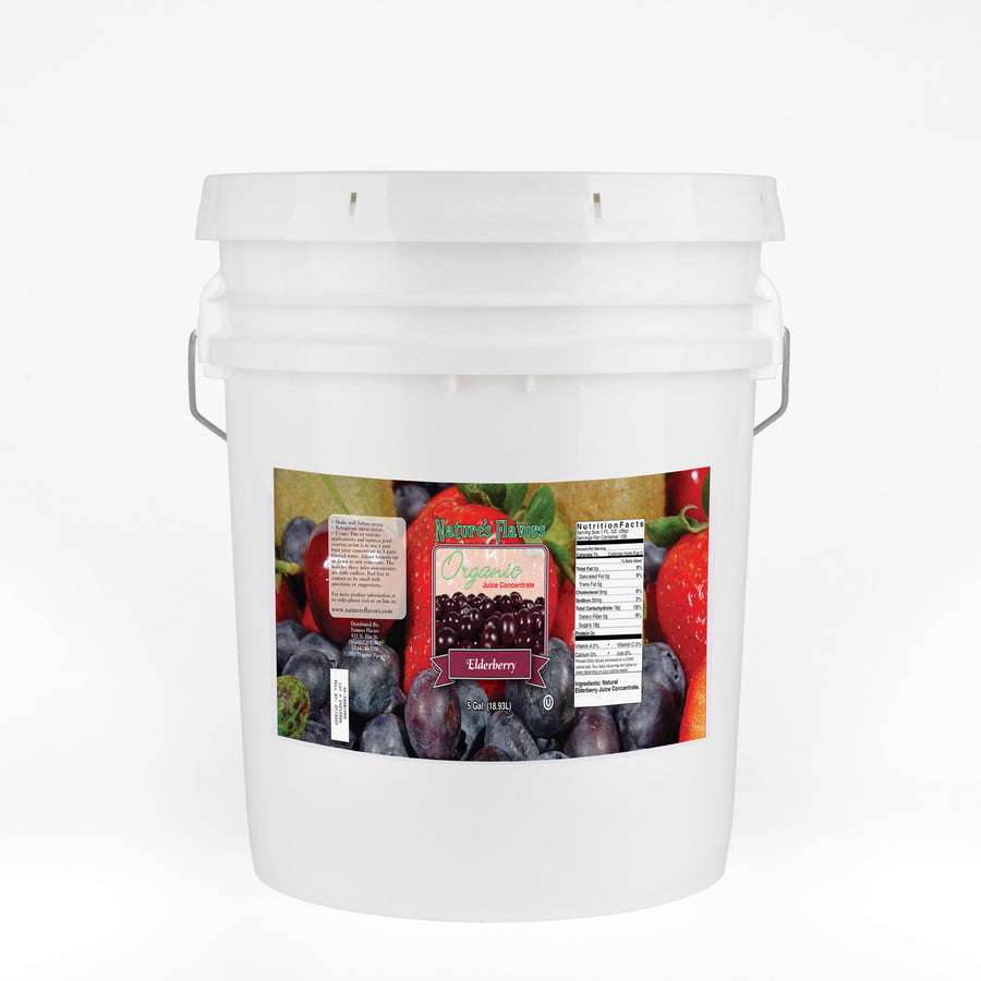 White bucket labeled “Organic Juice Concentrate Elderberry".
