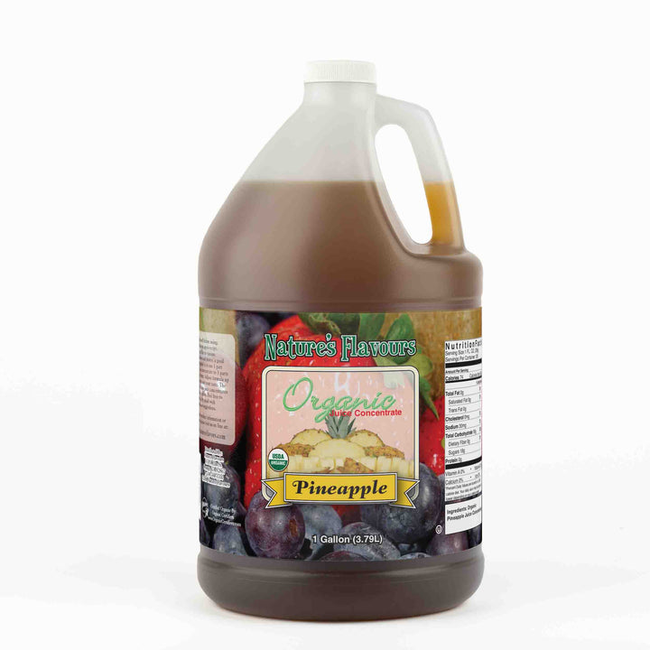 A 1 gallon bottle with a label that reads, "Organic Juice Concentrate, Pineapple."