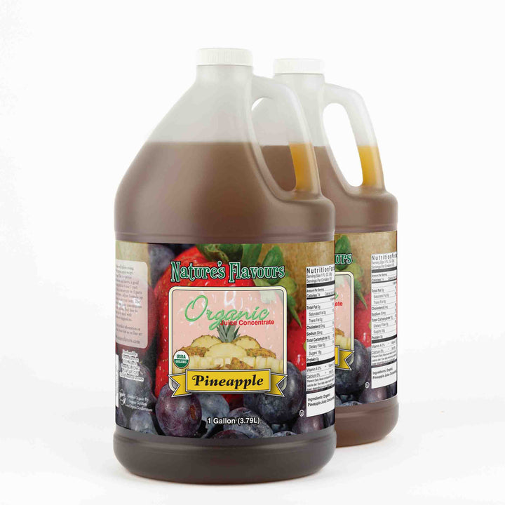 Two, 1 gallon bottles both with a label that read, "Organic Juice Concentrate, Pineapple. 1 gallon."