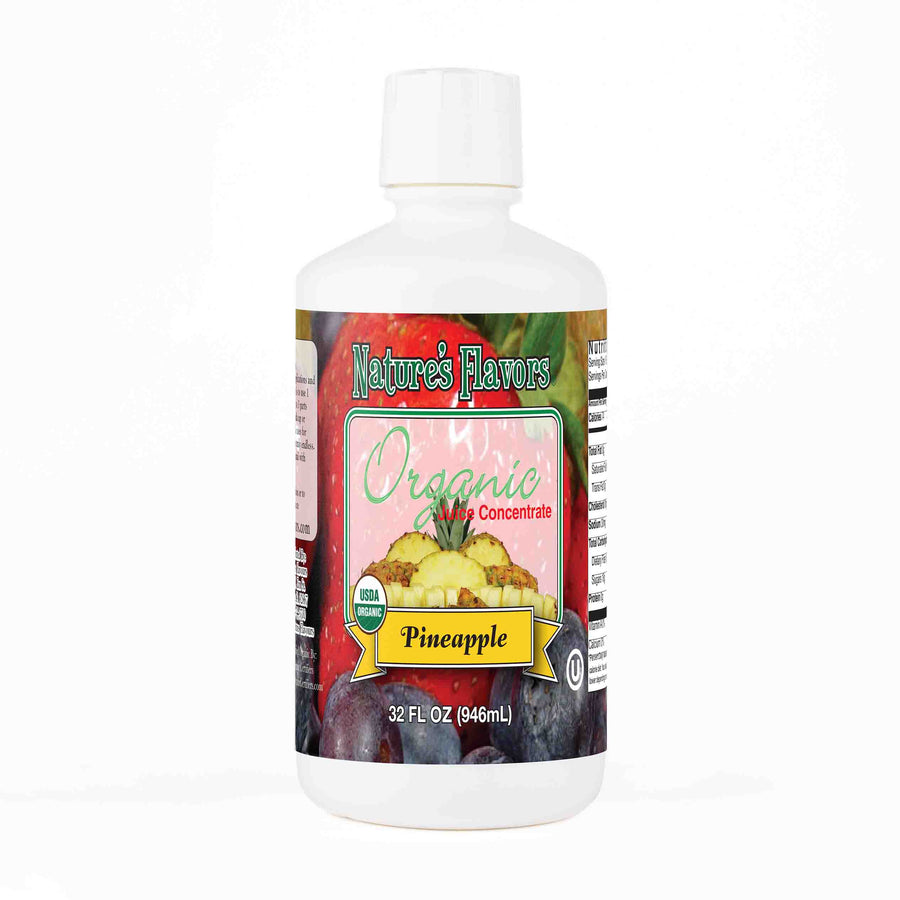 A white bottle with a label that reads, "Organic Juice Concentrate, Pineapple. 32 Fl oz."