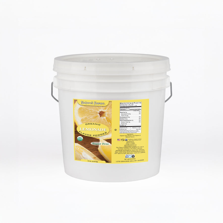 White bucket labeled “Organic Lemonade Flavor Powder Sugar Free”.