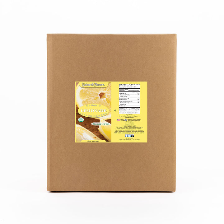 Cardboard box labeled “Organic Lemonade Flavor Powder Sugar Free"
