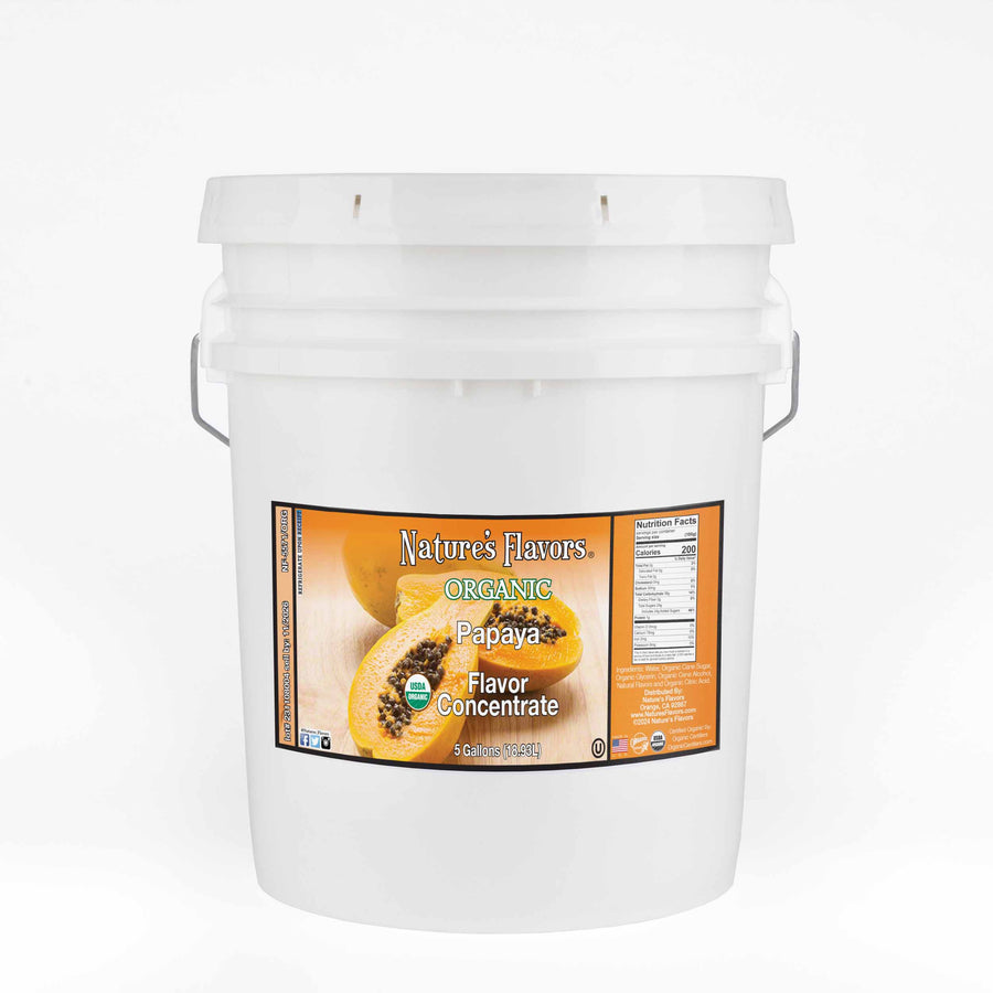 A white bucket with a label on it that reads "Organic Papaya Flavor concentrate. 5 Gallon."