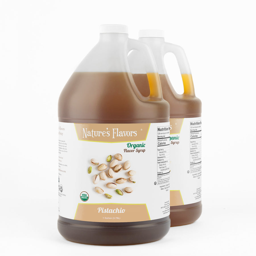 2 Jugs labeled, "Organic Flavor Syrup Pistachio"