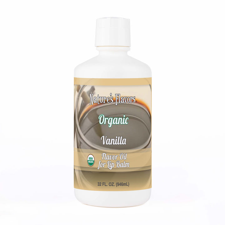 White bottle labeled, “Organic Vanilla Flavor Oil for Lip Balm"