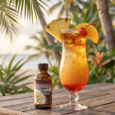 Bottle labeled, "Organic Passion Fruit Flavor Extract" next to a cocktail. 