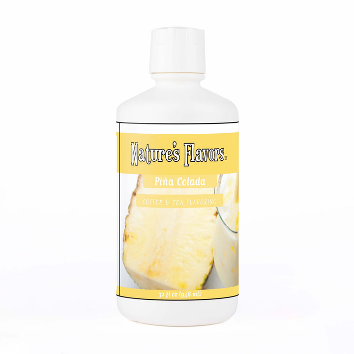 A white bottle with a label that reads, "Piña Colada Coffee & Tea Flavoring. 32 oz."