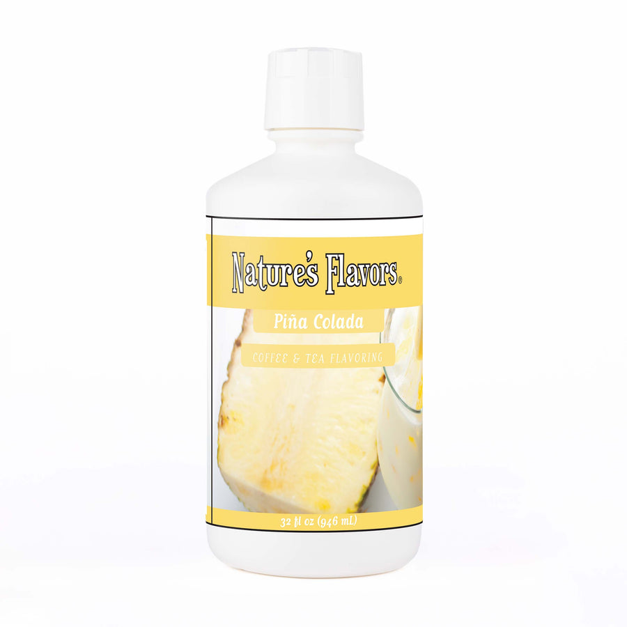 A white bottle with a label that reads, "Piña Colada Coffee & Tea Flavoring. 32 oz."