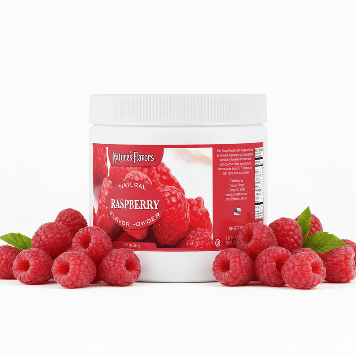 tub labeled, "Natural Raspberry Flavor Powder" next to raspberries 
