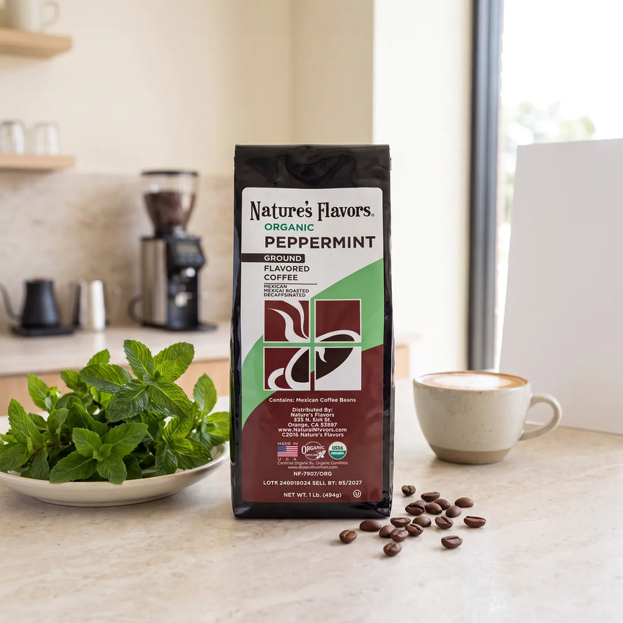 Nature’s Flavors Organic Decaf Peppermint Flavored Coffee Beans.