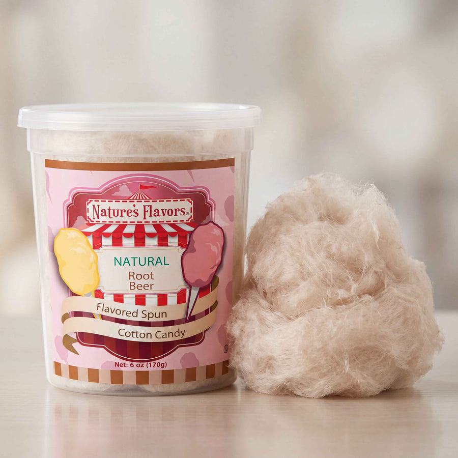 Plastic tub labeled, "Natural Root Beer Flavored Spun Cotton Candy" next to a ball of cotton candy. 