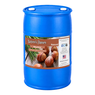 55-gallon drum with a Nature’s Flavors Hazelnut Coffee and Tea Flavoring label