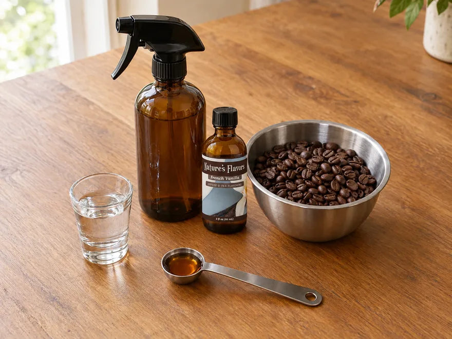 An amber spray bottle, a 2 oz bottle of Nature’s Flavors French Vanilla Coffee and Tea Flavoring, a teaspoon of flavoring, a shot glass of clear liquid and a bowl of roasted whole coffee beans on a wooden table