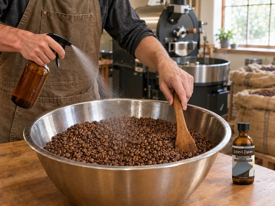 Flavoring sprayed onto a bowl of roasted whole coffee beans while the beans are stirred with a wooden paddle, with a 2 oz bottle of Nature’s Flavors French Vanilla Coffee and Tea Flavoring on the table
