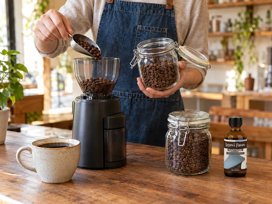 Roasted whole coffee beans scooped from a sealed glass jar into a coffee grinder beside a cup of black coffee and a 2 oz bottle of Nature’s Flavors French Vanilla Coffee and Tea Flavoring