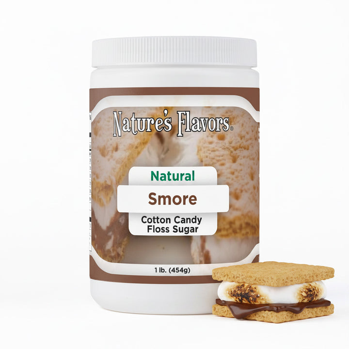 tub labeled, "Natural Smore Cotton candy floss sugar" next to a smore.