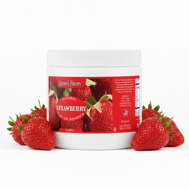 tub labeled, "Natural Strawberry flavor powder" next to strawberries.