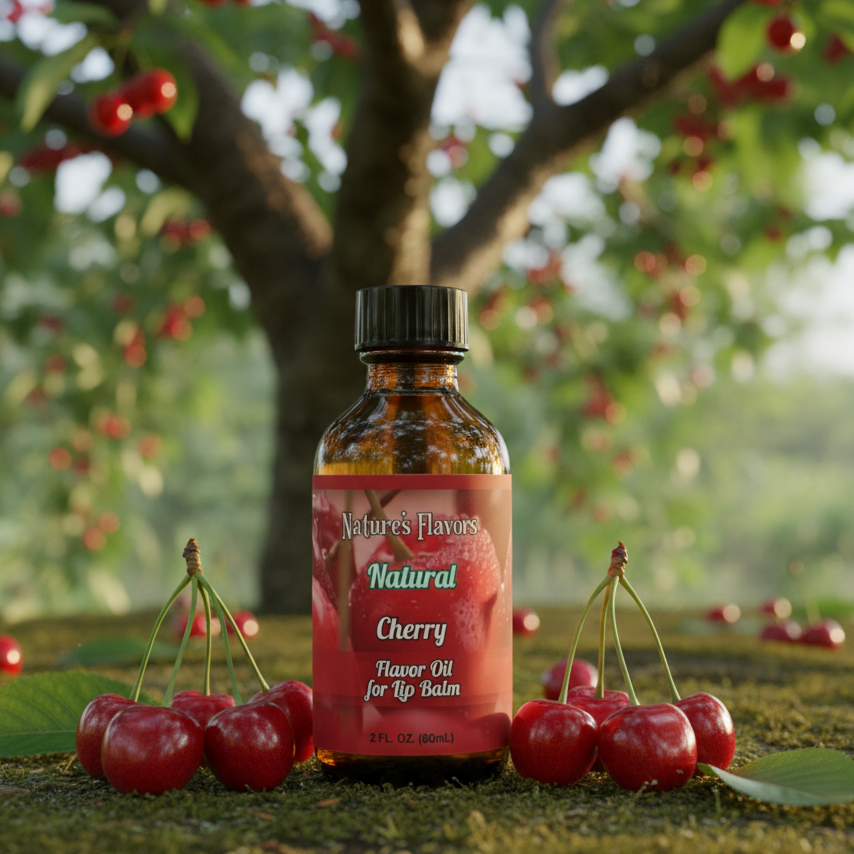 Bottle of Nature's Flavors Cherry flavor oil for lip balm with cherries on a natural background