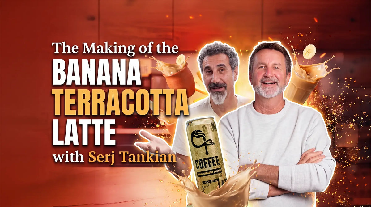 Promotional graphic titled "The Making of the Banana Terracotta Latte with Serj Tankian" featuring Serj Tankian, a coffee creator, and a splash graphic of a Kavat Coffee can and banana latte drinks.