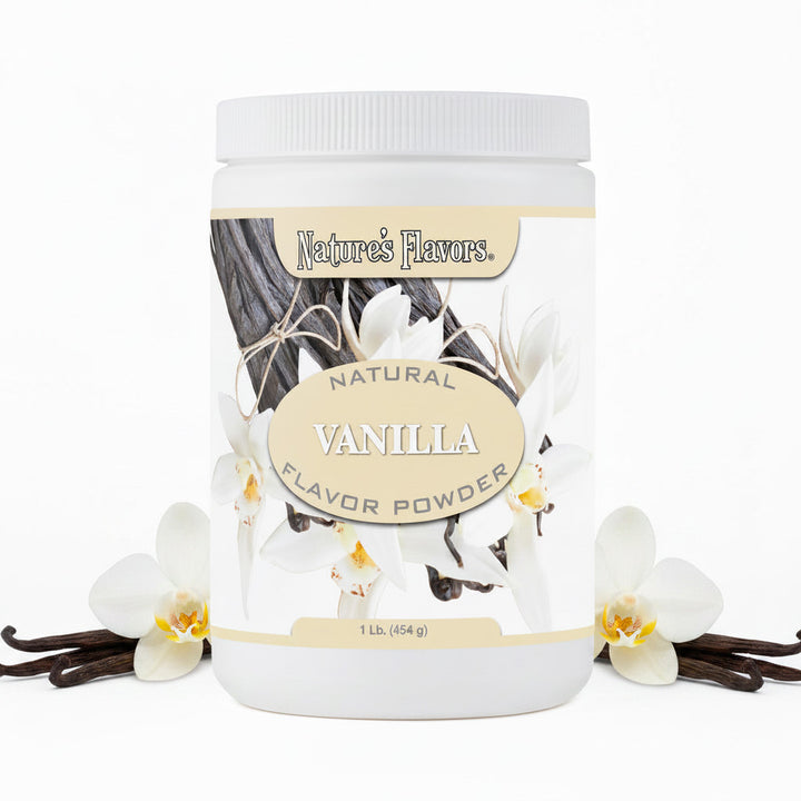 Bottle labeled, "Natural Vanilla Flavor Powder" next to vanilla beans. 